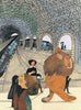 illustration of the lion wandering through a train station with illustrated human figures walking past.