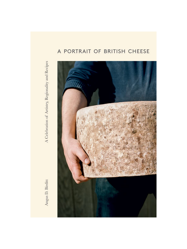 book cover for 'a portrait of cheese' book. cream coloured background with cropped photograph oriented to the bottom right-hand corner of a standing person in a blue jumper holding a large wheel of cheese in sunny outdoor setting.