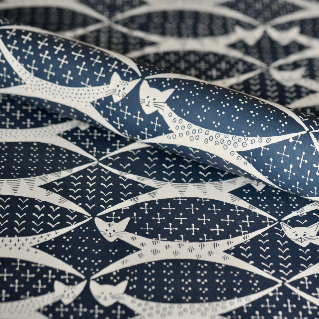 navy cat wrapping paper