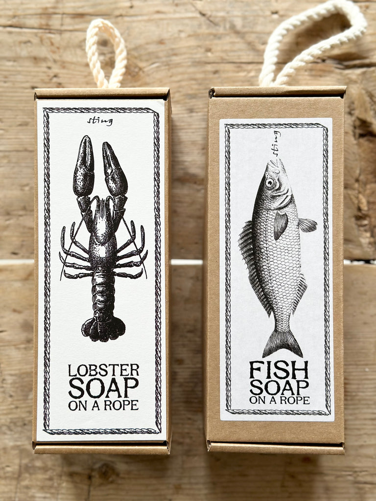 fish and lobster soap on a rope