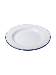 white enamel plate with dark blue rim