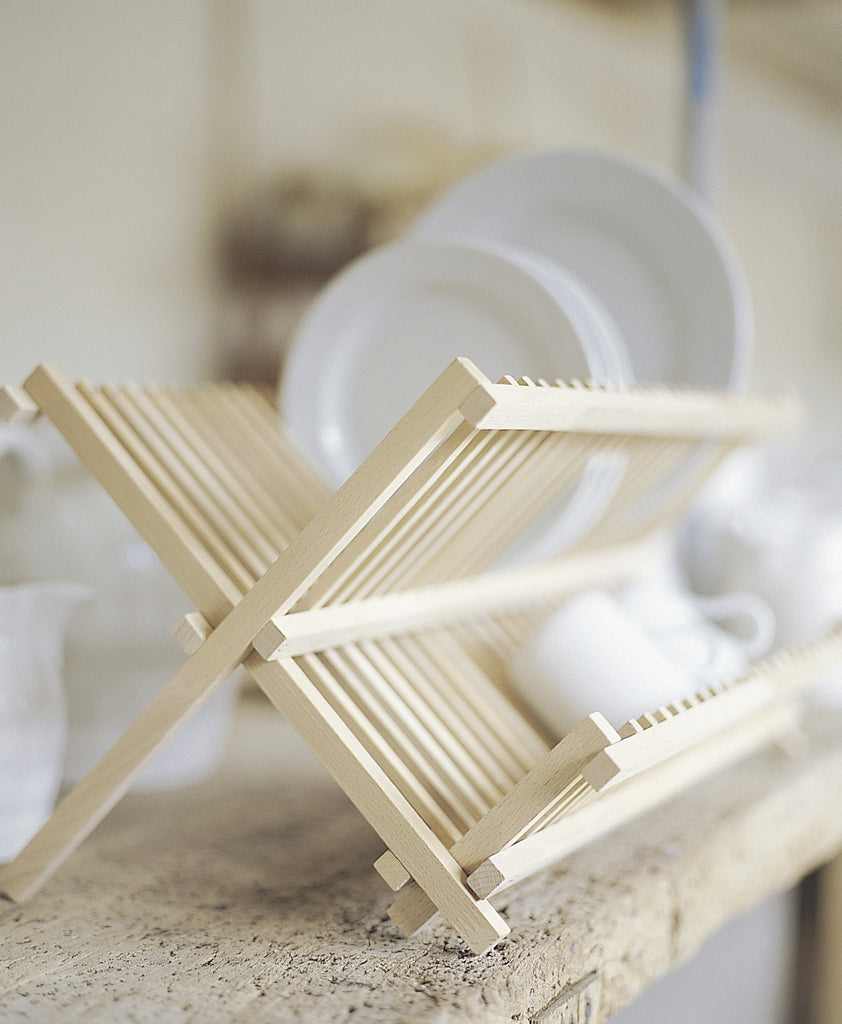Light coloured beech rack. Photoghaphed drying mugs, plates and dishes.