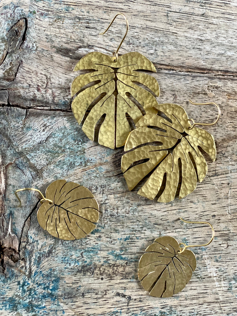 brass monstera leaf earrings