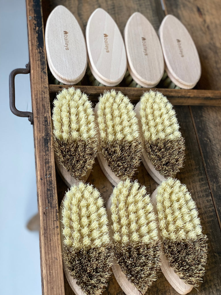 long oval shaped brushes with a light coloured beech backing. The beech wood has the baileys logo on it. the oval shape of the brush tapers to a point for scrubbing. the bristle head is divided into two, with two types of natural bristles, in a yellowy and brown palette.